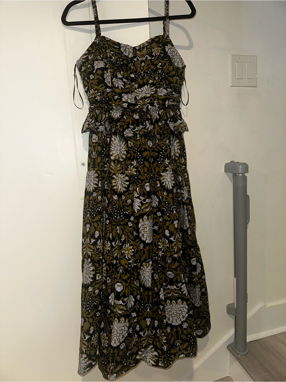 Smocked Olive Green and Black Floral Midi Dress with Adjustable Straps